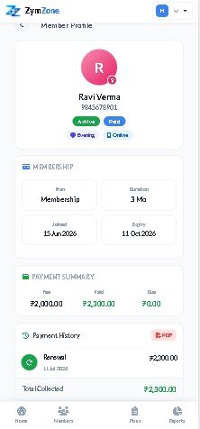 Member profile with full payment history and receipts